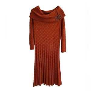 Cowl neck pleated skirt burnt orange sweater midi dress with belt detail